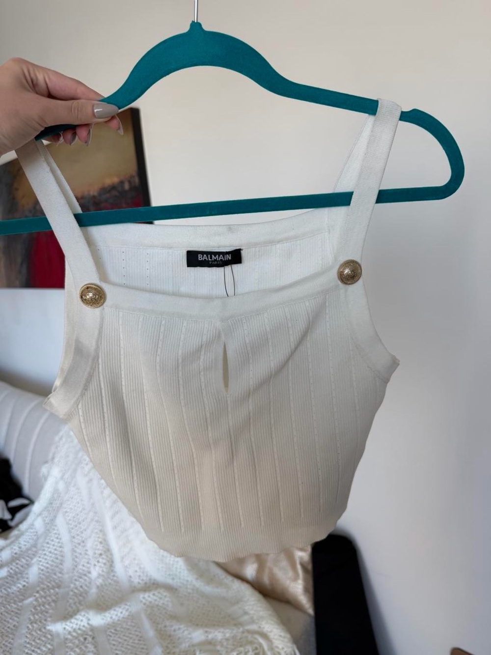 Balmain Cream Ribbed Cropped Tank with Gold Buttons